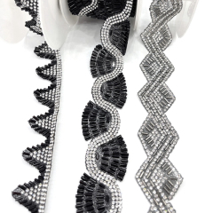 Black Beaded Rhinestone Applique Trimming By The Yard Exporter