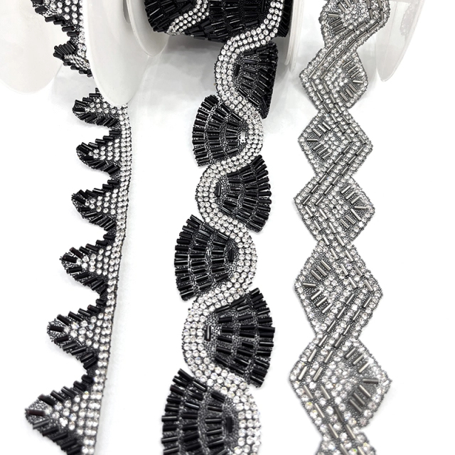 Black Beaded Rhinestone Applique Trimming By The Yard Exporter
