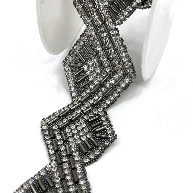 Black Beaded Rhinestone Applique Trimming By The Yard Exporter