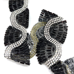 Black Beaded Rhinestone Applique Trimming By The Yard Exporter