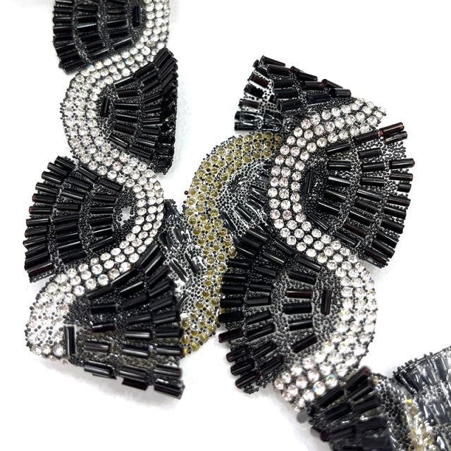 Black Beaded Rhinestone Applique Trimming By The Yard Exporter
