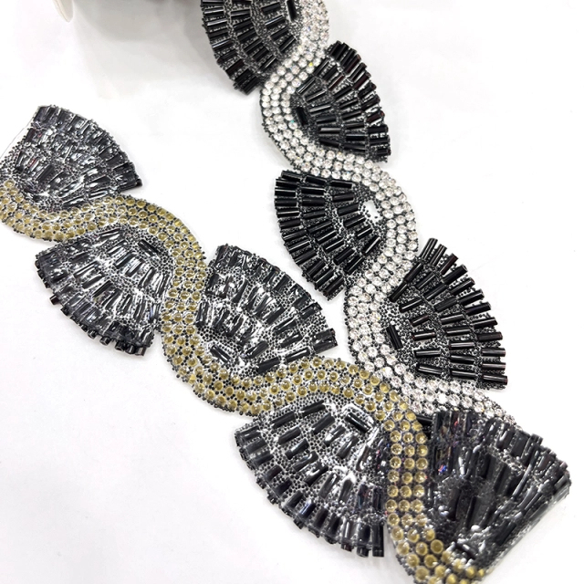 Black Beaded Rhinestone Applique Trimming By The Yard Exporter