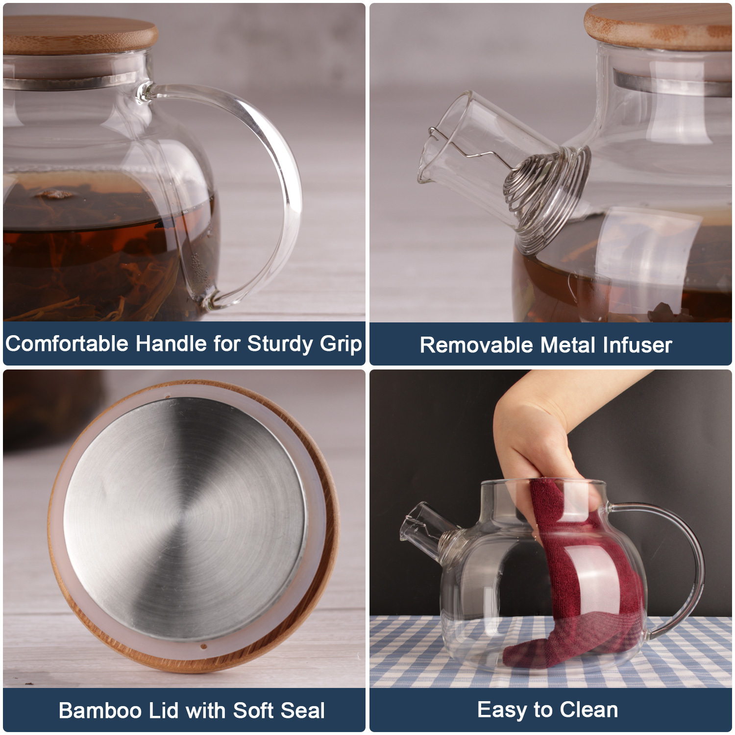 Clear Borosilicate Glass Teapot With Bamboo Lid 20.3oz