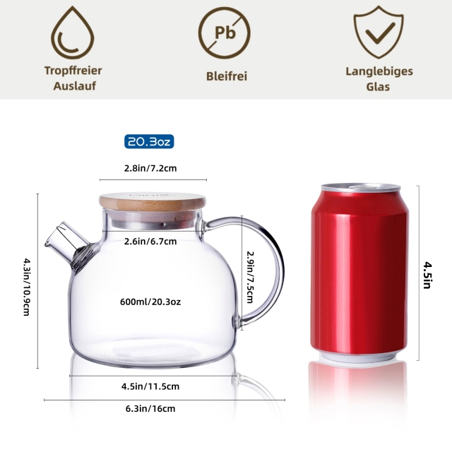 Borosilikat-Glas Teekanne mit Bambusdeckel – Herdgeeignet – Verschiedene Designs (H17, H9, H18, H19)