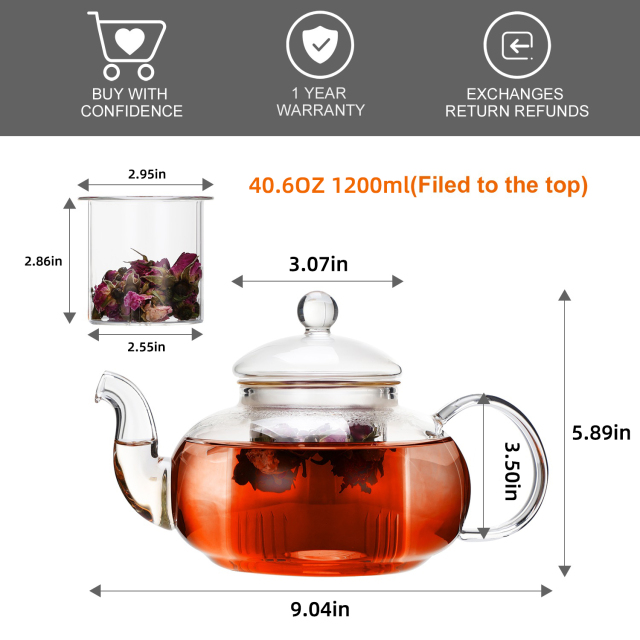 Classic Glass Teapot with All-Glass Infuser - 3 Sizes (H1, H3, H8)