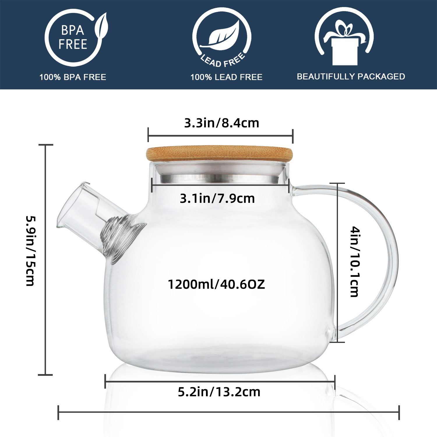 Borosilicate Glass Teapot with Bamboo Lid - Stovetop Safe - Multiple Designs (H17, H9, H18, H19)