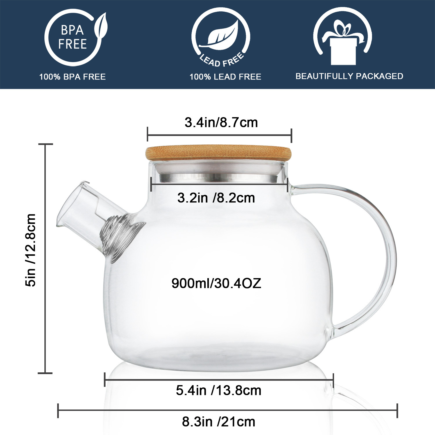 Borosilicate Glass Teapot with Bamboo Lid - Stovetop Safe - Multiple Designs (H17, H9, H18, H19)