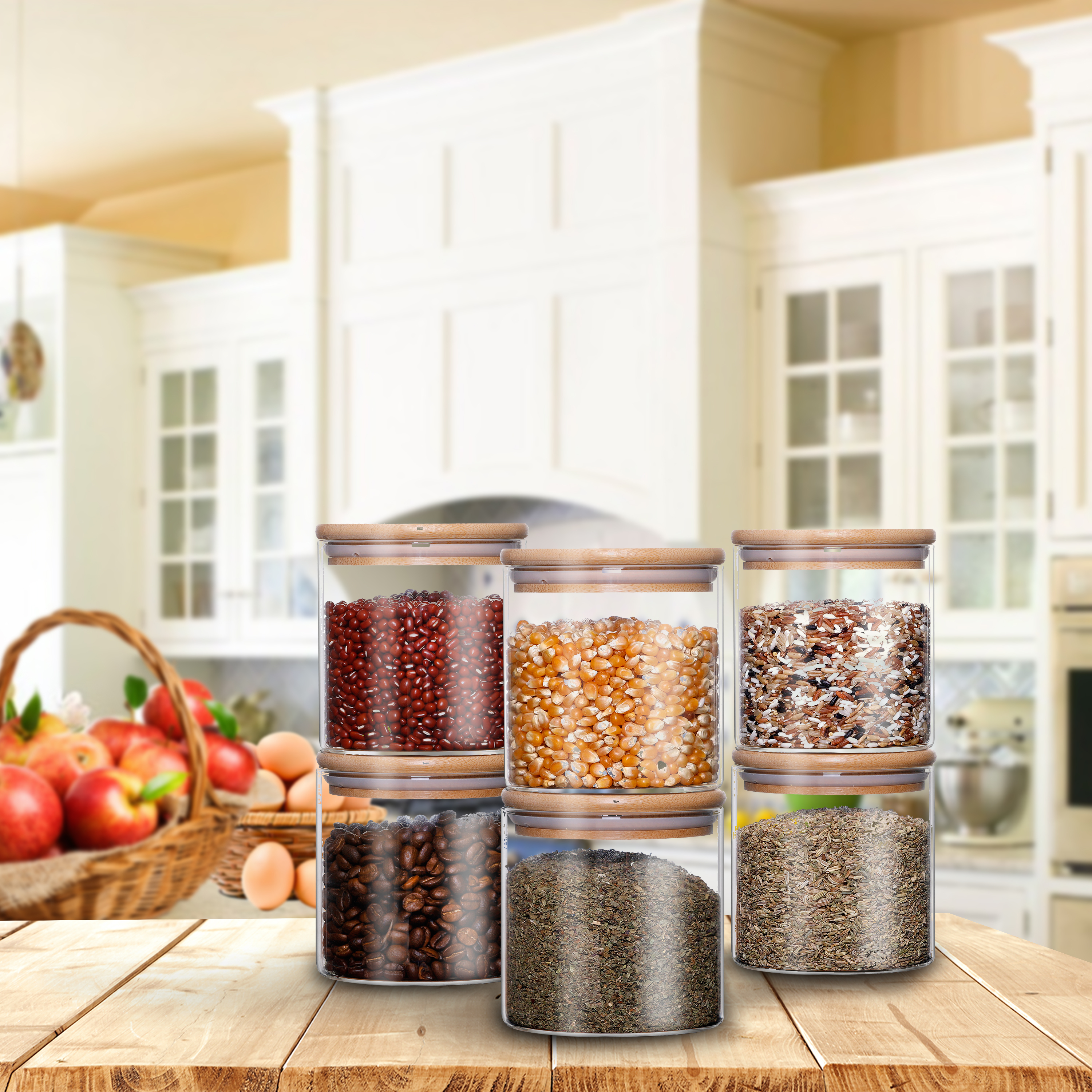 Cylindrical Glass Storage Jar with Bamboo Lid & Silicone Seal – 500ml (17oz, G2) | GnGlass