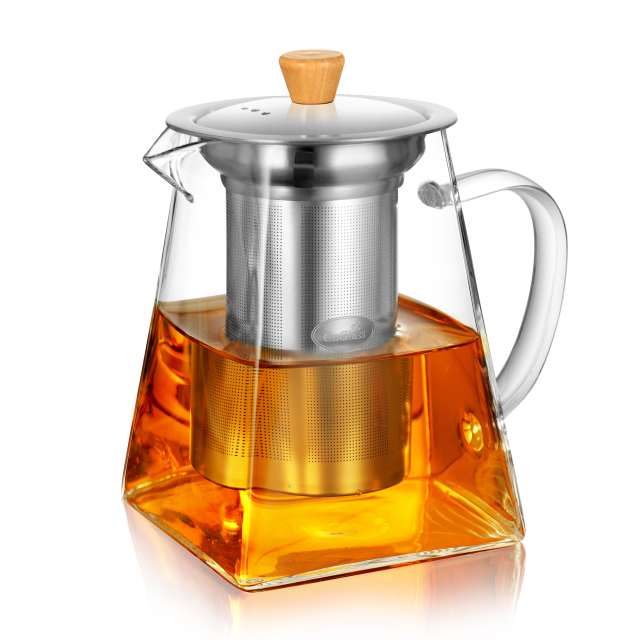 Trapezoid Glass Teapot with Stainless Steel Infuser & Lid — 700ml / 20oz (H20) & 900ml / 27oz (H21) | CnGlass
