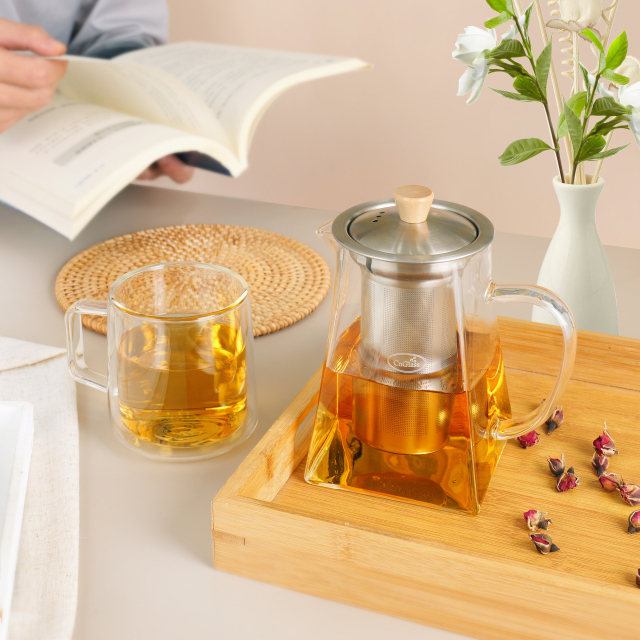 Trapezoid Glass Teapot with Stainless Steel Infuser & Lid — 700ml / 20oz (H20) & 900ml / 27oz (H21) | CnGlass