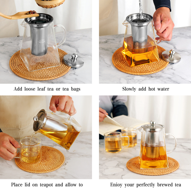 Trapezoid Glass Teapot with Stainless Steel Infuser & Lid — 700ml / 20oz (H20) & 900ml / 27oz (H21) | CnGlass