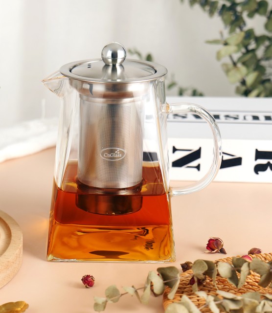 Trapezoid Glass Teapot with Stainless Steel Infuser & Lid — 700ml / 20oz (H20) & 900ml / 27oz (H21) | CnGlass