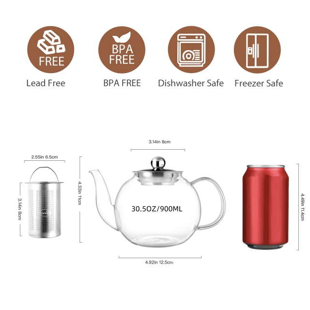 Classic Glass Teapot with Stainless Steel Lid & Infuser - 900ml (H31) & 1200ml (H32) | GnGlass