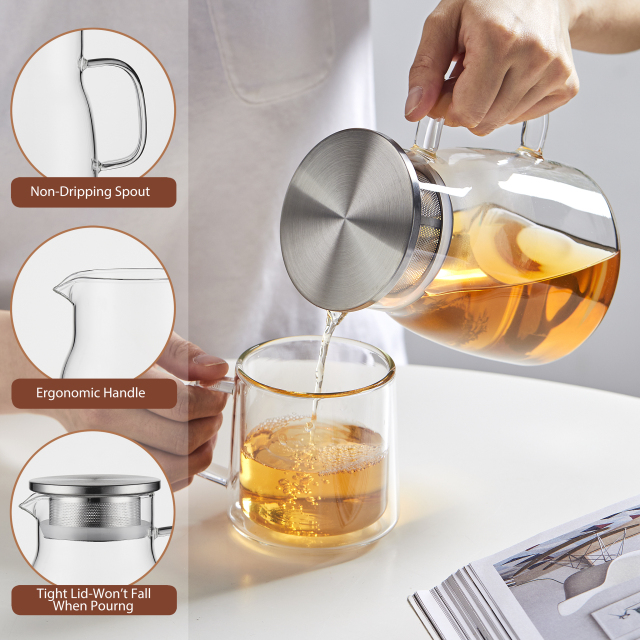 Glass Teapot with Integrated Stainless Steel Lid & Filter - 800ml (H27) | GnGlass