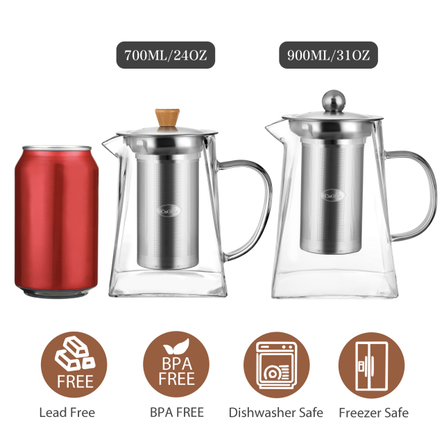 Trapezoid Glass Teapot with Stainless Steel Infuser & Lid — 700ml / 20oz (H20) & 900ml / 27oz (H21) | CnGlass
