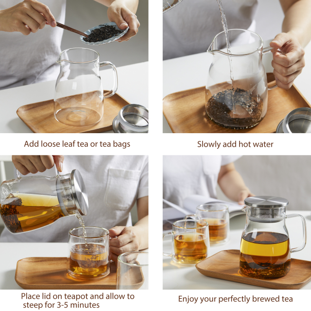 Glass Teapot with Integrated Stainless Steel Lid & Filter - 800ml (H27) | GnGlass