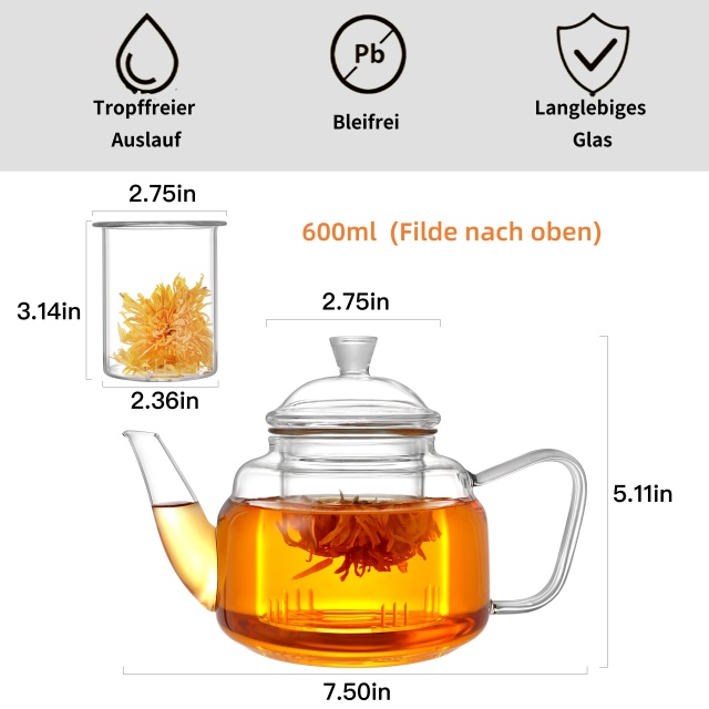 All-Glass Teapot with Removable Filter & Lid – 600ml / 20.3oz (H13) | GnGlass