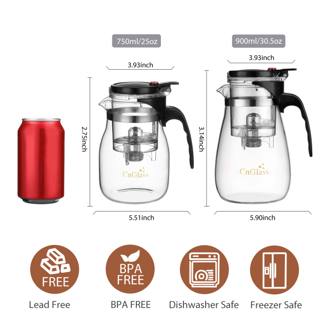 Clear Glass Teapot with PC Lid, Stainless Steel Filter & Silicone Seal – 700ml (H7) & 900ml (H14) | GnGlass