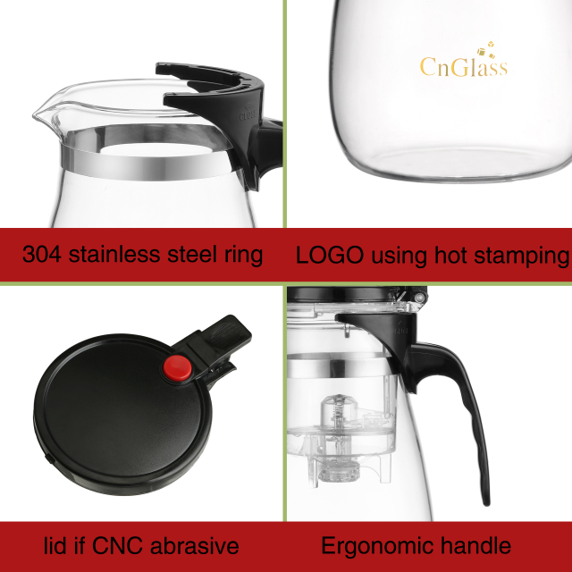 Clear Glass Teapot with PC Lid, Stainless Steel Filter & Silicone Seal – 700ml (H7) & 900ml (H14) | GnGlass