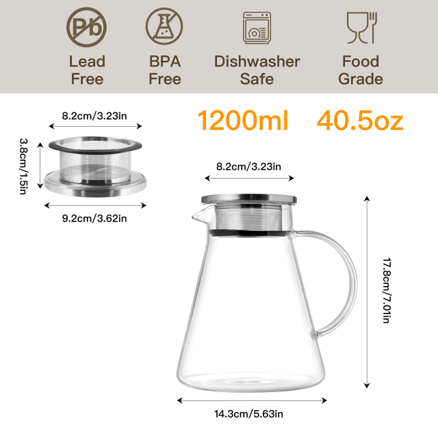 Glass Teapot with Integrated Stainless Steel Lid & Infuser – 900ml (H36) / 1200ml (H35) | CnGlass