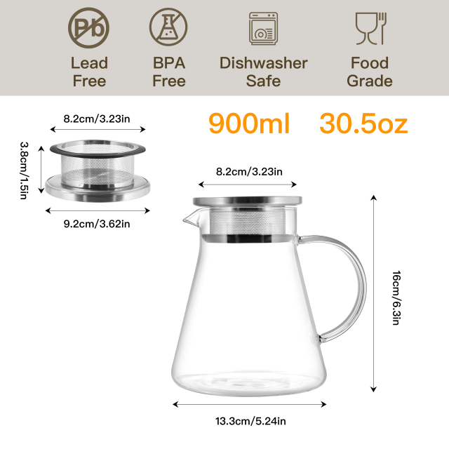 Glass Teapot with Integrated Stainless Steel Lid & Infuser – 900ml (H36) / 1200ml (H35) | CnGlass