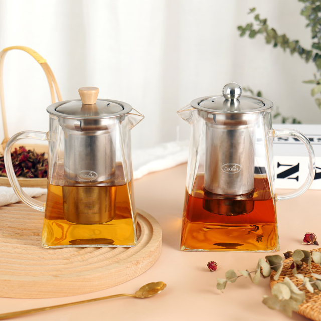 Trapezoid Glass Teapot with Stainless Steel Infuser & Lid — 700ml / 20oz (H20) & 900ml / 27oz (H21) | CnGlass