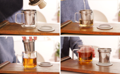 Двустенная стеклянная чашка с фильтром из нержавеющей стали и силиконовым подставкой-крышкой – 355 мл | CnGlass