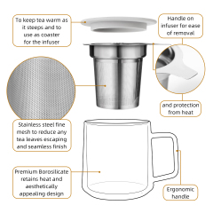 Двустенная стеклянная чашка с фильтром из нержавеющей стали и силиконовым подставкой-крышкой – 355 мл | CnGlass