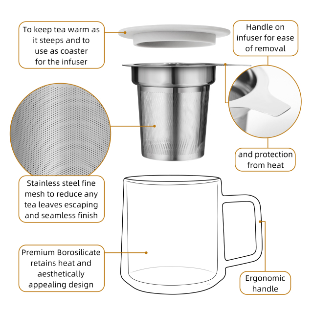 Двустенная стеклянная чашка с фильтром из нержавеющей стали и силиконовым подставкой-крышкой – 355 мл | CnGlass