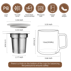 Двустенная стеклянная чашка с фильтром из нержавеющей стали и силиконовым подставкой-крышкой – 355 мл | CnGlass