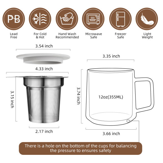 Двустенная стеклянная чашка с фильтром из нержавеющей стали и силиконовым подставкой-крышкой – 355 мл | CnGlass