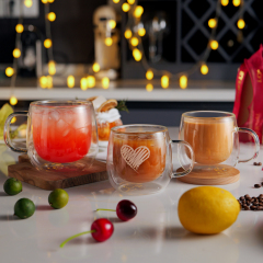 Double wall glass coffee mug on wooden table – perfect for home or office use