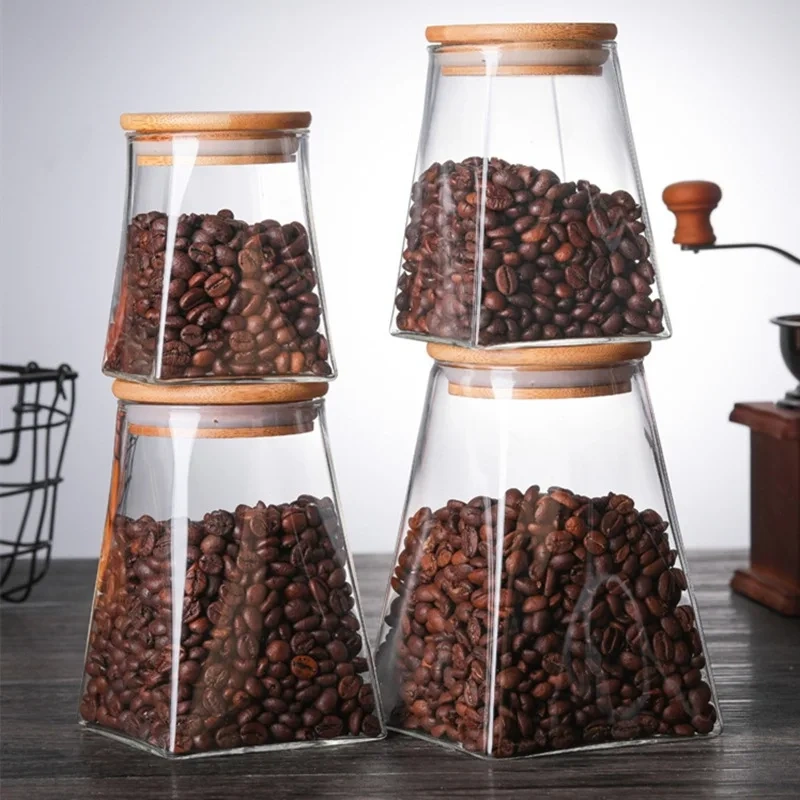 Hot Sale Fancy Hand Blown Trapezoid Borosilicate Glass Storage Jars With Bamboo Wooden Lid