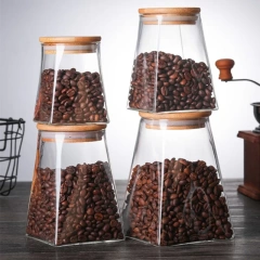 Hot Sale Fancy Hand Blown Trapezoid Borosilicate Glass Storage Jars With Bamboo Wooden Lid