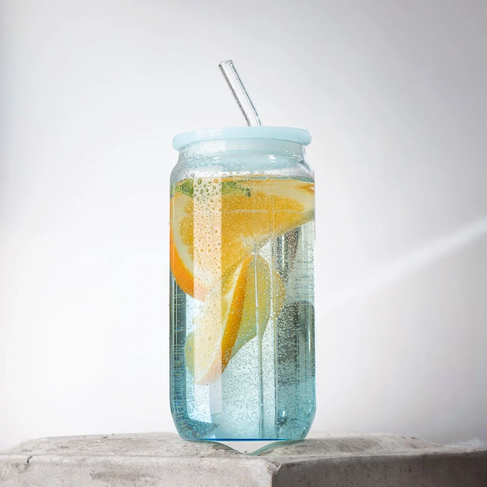 Hot Selling 480ML Can Shape Iced Coffee Cup with Plastic Lid and Straw High Borosilicate Glass Cup Tumbler Cup
