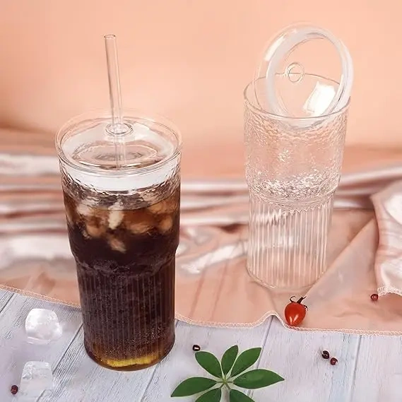 Cold Drink Glass 600ml High Borosilicate Glass Cup with Straw Lids Large Capacity Summer Cold Water Bottle for Ice Cola Coffee