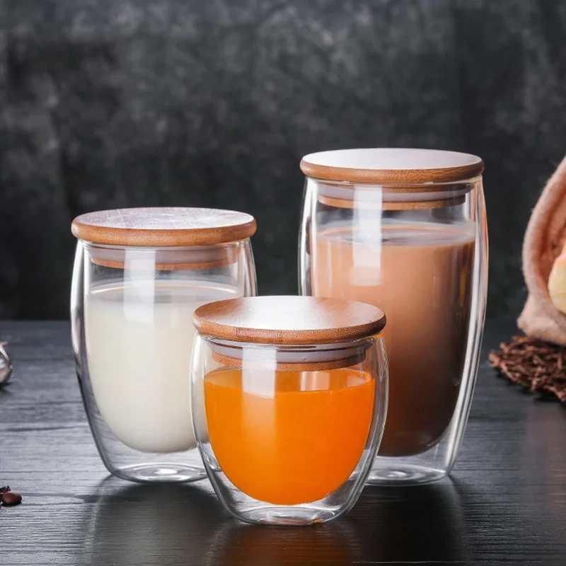 Factory Direct Custom Heat-resistant Juice High Borosilicate Double Wall Glass Coffee Drinking Cup With Bamboo/glass Lid