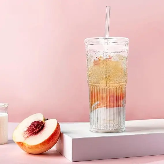 Cold Drink Glass 600ml High Borosilicate Glass Cup with Straw Lids Large Capacity Summer Cold Water Bottle for Ice Cola Coffee