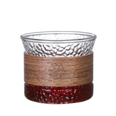 Japanese-style Single Wall High Borosilicate Vertical Stripes Ribbed Glass Cup with Wooden Sleeve Tea Water Coffee Mug