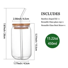 Hot Selling Transparent Glass Cup with Bamboo Lid and Glass Straw 380ml 480ml 580ml Glass Cup