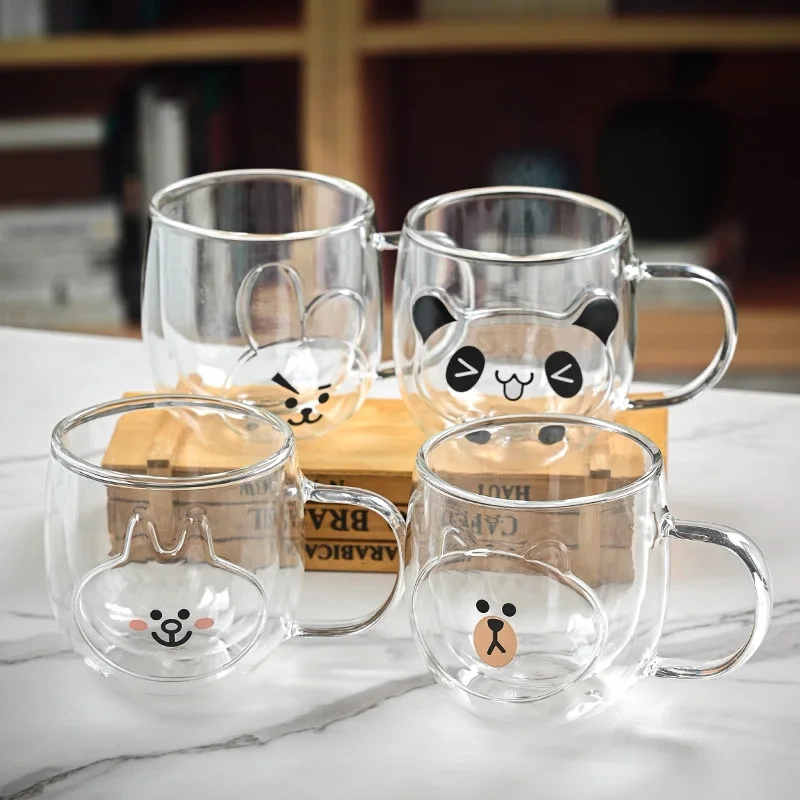 Cute Animal Double Wall High Borosilicate Transparent Glass Cup for Milk Water Coffee Juice Household Heat Resistant Glass Mug