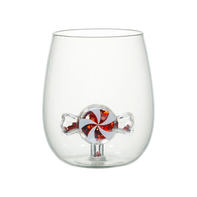 500ml Creative New Design Egg Shape Water Tumbler Drinking Glass Cup Stmeless Wine Glass with Sequins and Glitter for Christmas