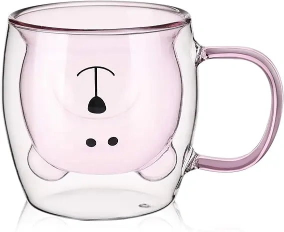 Cartoon Cute Bear High Borosilicate Double Wall Colored Glass Cup with Handle Insulated Mug Milk Water Coffee Cup