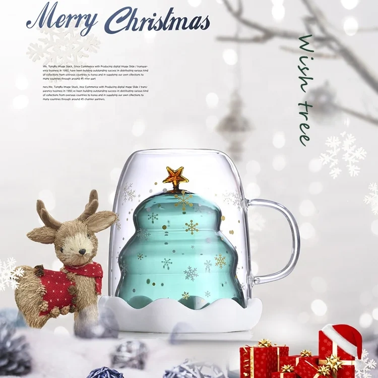 Christmas Presents 300ml 10oz Insulated Double Wall Glass Coffee Mugs with Gift Box Christmas Glass Cups