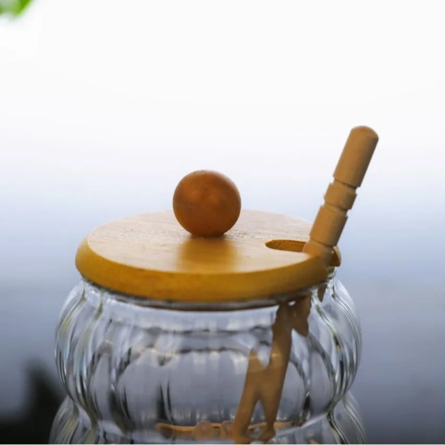 Tableware Glass Striped High Borosilicate Glass Storage Jar Honey Pot Jar with Stirrer Lid for Kitchen