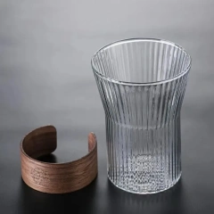 Japanese-style Single Wall High Borosilicate Vertical Stripes Ribbed Glass Cup with Wooden Sleeve Tea Water Coffee Mug