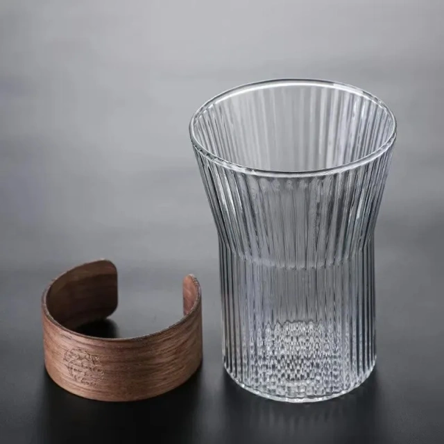 Japanese-style Single Wall High Borosilicate Vertical Stripes Ribbed Glass Cup with Wooden Sleeve Tea Water Coffee Mug