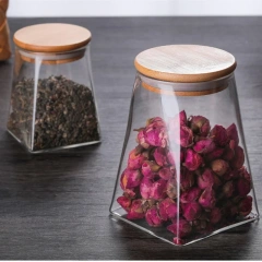 Hot Sale Fancy Hand Blown Trapezoid Borosilicate Glass Storage Jars With Bamboo Wooden Lid