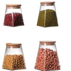 Hot Sale Fancy Hand Blown Trapezoid Borosilicate Glass Storage Jars With Bamboo Wooden Lid