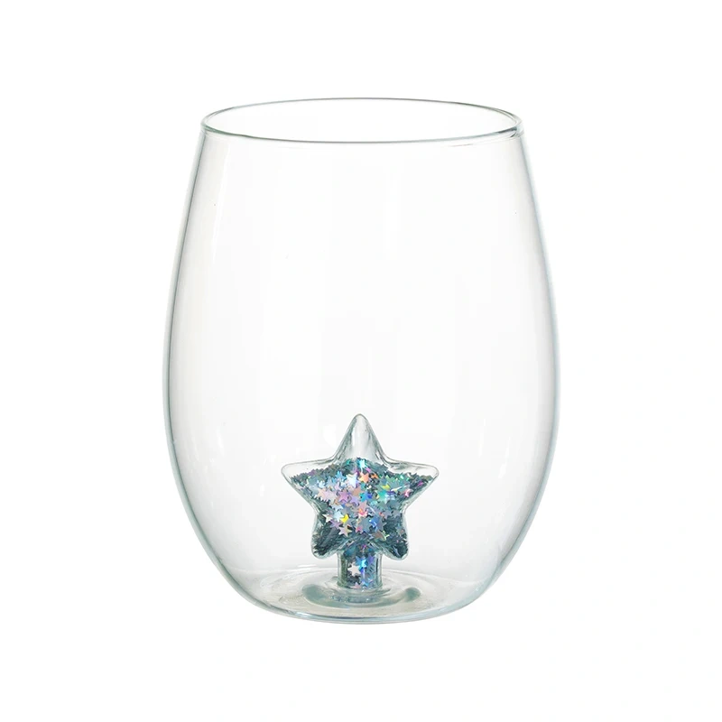 500ml Creative New Design Egg Shape Water Tumbler Drinking Glass Cup Stmeless Wine Glass with Sequins and Glitter for Christmas